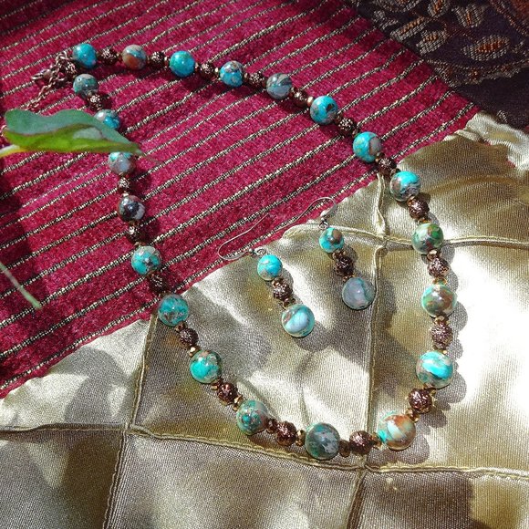 Handcrafted artisanal necklace & earring set with jasper & copper - Picture 1 of 6